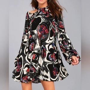 FREE PEOPLE Drift Away Abstract Printed Cold Shoulder Balloon Sleeve Tunic Dress